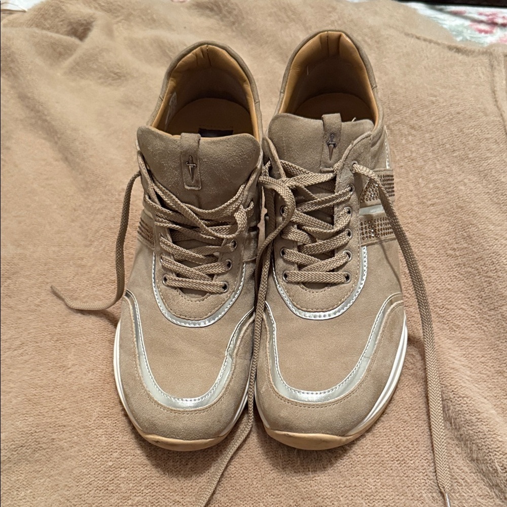 Cesare Paciotti Taupe and Metallic Sneakers